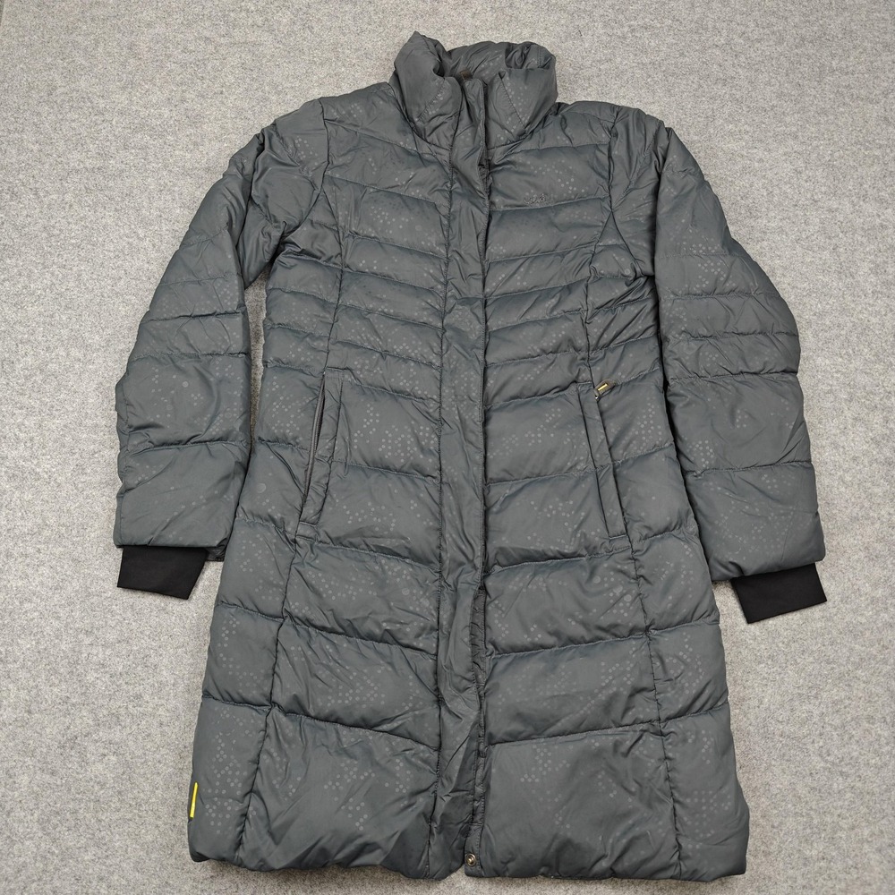 Lole Coat Womens Medium Gray Down Puffer Mid Length DWR Polka Dot‎ Zip Pockets